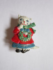Vtg Christmas Cat Pin Girl Wreath Gray Kitty Blue Eyes 1993 Hoppie Holiday