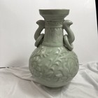 Vintage Chinese Light Green Celadon Glazed Vase Rings Carved 10 In Large