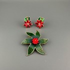 Vintage Poinsettia Brooch Clip Earrings Lot Gold Tone Red Green Enamel Holidays