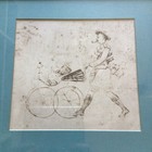 Old Vintage Antique Pen   Ink Drawing Of A Scotsman In A Kilt Pushing A Pram