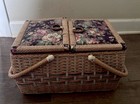 Vintage Wicker Sewing Basket Box Floral Tapestry Lid With Assorted Supplies Lot