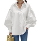 Women   s Lantern Sleeve Button Down Blouse Loose Fit Lapel Casual Solid Shirt