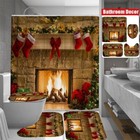 Chrismas Fireplace Shower Curtain Bath Rug Toilet Seat Cover Bathroom Decor Set 
