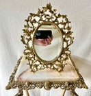 Vintage Gold Tone Brass Style Ornate Vanity Standing Mirror Hollywood Regency