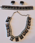 Vintage 1950 Lucite Set Gray Moonglow Panel Necklace  Bracelet   Clip Earrings