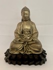 Antique Burmese Brass Seated Buddha Figure On Carved Stand C1950 s