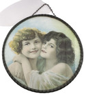 Antique Victorian Flue Cover Hugging Girls Chromolith Lithograph Germany 7 1 2 