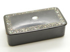 Antique Paper Mache Snuff Box Inlaid Abalone Shell Tobacciana 3  Wide Hinged Lid