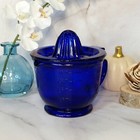 Cobalt Blue Glass Depression Style Juicer Reamer   Measuring Cup  Mixing Bowl