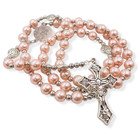 Pink Pearl Beaded Rosary Necklace With Miraculous Medal And Cross Crucifix