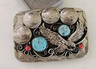 Vtg Native American Belt Buckle Turquoise Coral Eagle Buffalo Nickel Silver
