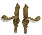 Antique Or Vintage Brass Pair Ornate French Door Back Plates With Lever Knobs