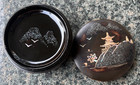 Vtg Japanese Lacquerware Coasters W  Round Box Mother Of Pearl Inlay Set Of 5