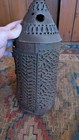 Antique Early Primitive Metal Punched Tin Lantern Candleholder 15 5  Cleated