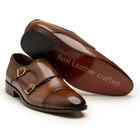 Genuine Brown Leather Handmade Wedding Classic Gifts Monk Strap Toe Cap Shoes