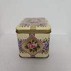 Vintage Small Floral Gold Tone   Pink Hinged Lid Tin Container   4 3 4  X 3 1 4 