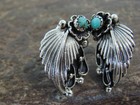 Native American Sterling Silver   Turquoise Post Feather Earrings By Lewis