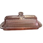 Pink Depression-style Glass Butter Dish - French Beurre Ribbed Design