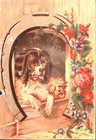 C1880 Lucky Dogs House Horseshoe Flowers Victorian Trade Card Z236