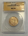 1974 Dominican Republic 30 P Gold Coin Anacs Ms 65 Ms65 Pesos 12th Central Games