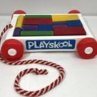 Playskool Wooden Block Wagon Plastic White Red Wheels Original Box 1986 Vintage