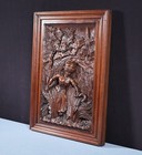 Antique French Solid Walnut Wood Highly Carved Panel W woman Harvesting Wheat
