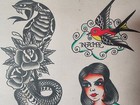 Bob Shaw Traditional Vintage Style Tattoo Flash Sheet 75 Girl  Snake  Skull  Sun