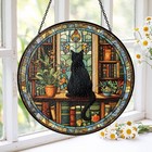 Black Cat And Book Stained Glass Suncatcher  Librarian Decor