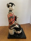 Vtg Oriental Kimono Porcelain Doll Posed On Ceramic Drum And Wood Table And Vase
