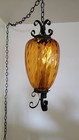 Vtg Mid Century Large Optical Amber Glass   Black Metal Scroll Swag Lamp Light