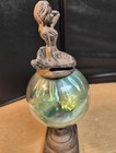 Rare Antique Cast Iron Statue Mermaid Blown Blue green Glass Globe Decorative