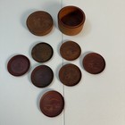 Vintage Japanese Mcm Wood Coasters Set Of  7 Round Box   Lid Carved Mt Fuji