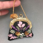 Coin Purse Silk Ribbon Embroidered Flowers Gold Kiss Lock Black Cloth 3 