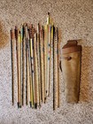 Vintage  Leather Quiver Wood Feathers Arrows Broadhead Practice Bear Arrows 