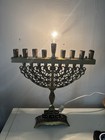Vintage Electric Oppenheim Israel Brass Jewish Menorah Jerusalem Engraved Works