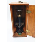 Antique Bausch   Lomb Brass Microscope W  Wooden Case     Wm Gaertner Chicago   