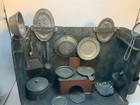 Antique Tin Kitchen Room Box German 1800   s Original W 16pcs Tin Pot Pans Pump