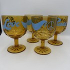 Vintage 70s Amber   Blue Peace Love Doves Glass Goblets Retro Bar Decor Hippie