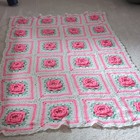 Handmade Crochet Bed Throw Blanket Granny Square Floral Textured White Pink