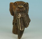 Chinese Old Bronze Hand Carved Dog Bitten Birds Statue Cane Walking Stick Head