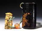 Very Old Makie Lacquered Inro With Antler Netsuke  Edo Original Antique