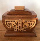 Vintage Wooden Storage Box  Carved Wood  Green Velvet Interior