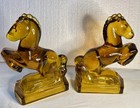 Vintage L e  Smith - Amber Glass - Rearing Horse Bookends