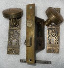 Antique Nashua B-12800 Mortise  key Lock Set  2 Backplates  2 Brass Door Knobs