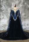 Victoria Gothic Navy Blue Wedding Dresses V-neck With Cape Vintage Bridal Gowns