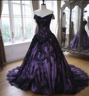 Gothic Black Purple Wedding Dresses Off Shoulder  Lace Appliques Bridal Gowns