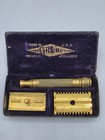 Antique Gillette Gold Tone Open Comb Double Edge Safety Razor Set With Case