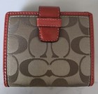 Coach Signature Logo Trifold Wallet Beige Brown Red Buckle Credit Card