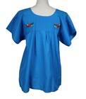 Oro Import Peasant Puebla Hand Embroidered Mexican Blouse Top Medium Aqua