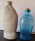 2 Vtg Dr Fisch s Milk Glass   Aqua Fish Bitters Bottle Millville Wheaton Nj Mark